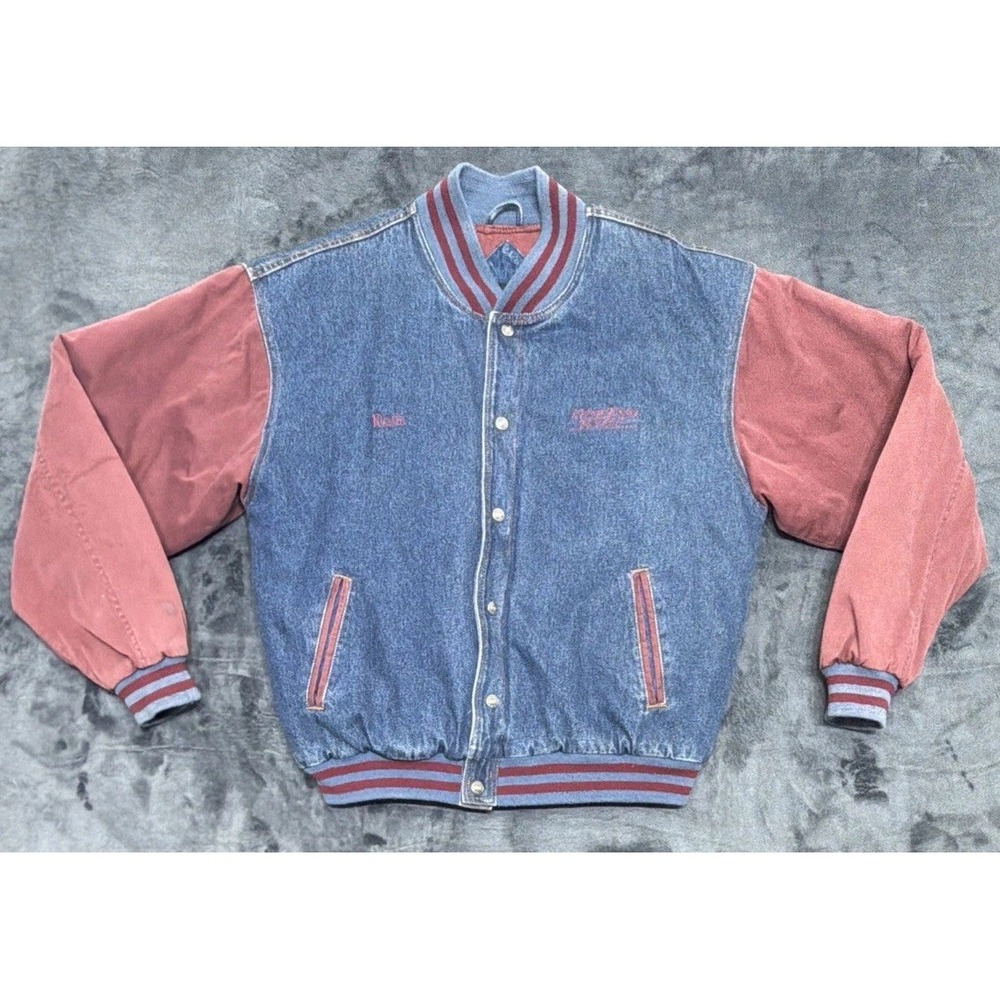Vintage Tri Mountain Jacket Quilted Blanket Lined Blue Denim Varsity Bomber